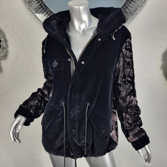 NWT~$2590~MR & MRS ITALY~S/M~BLACK VELVET SEQUIN HOODED PARKA COAT NO FUR - Picture 10 of 16
